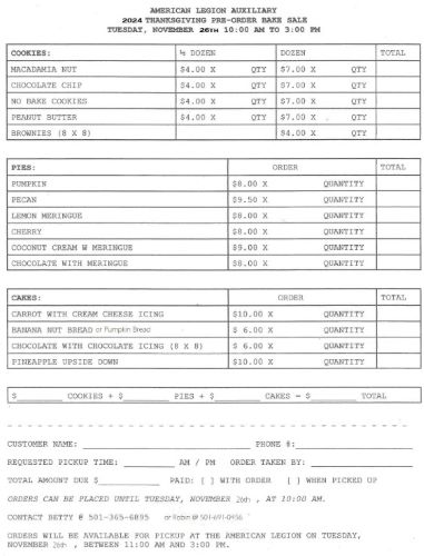 Auxiliary Thanksgiving Pre-order Bake Sale